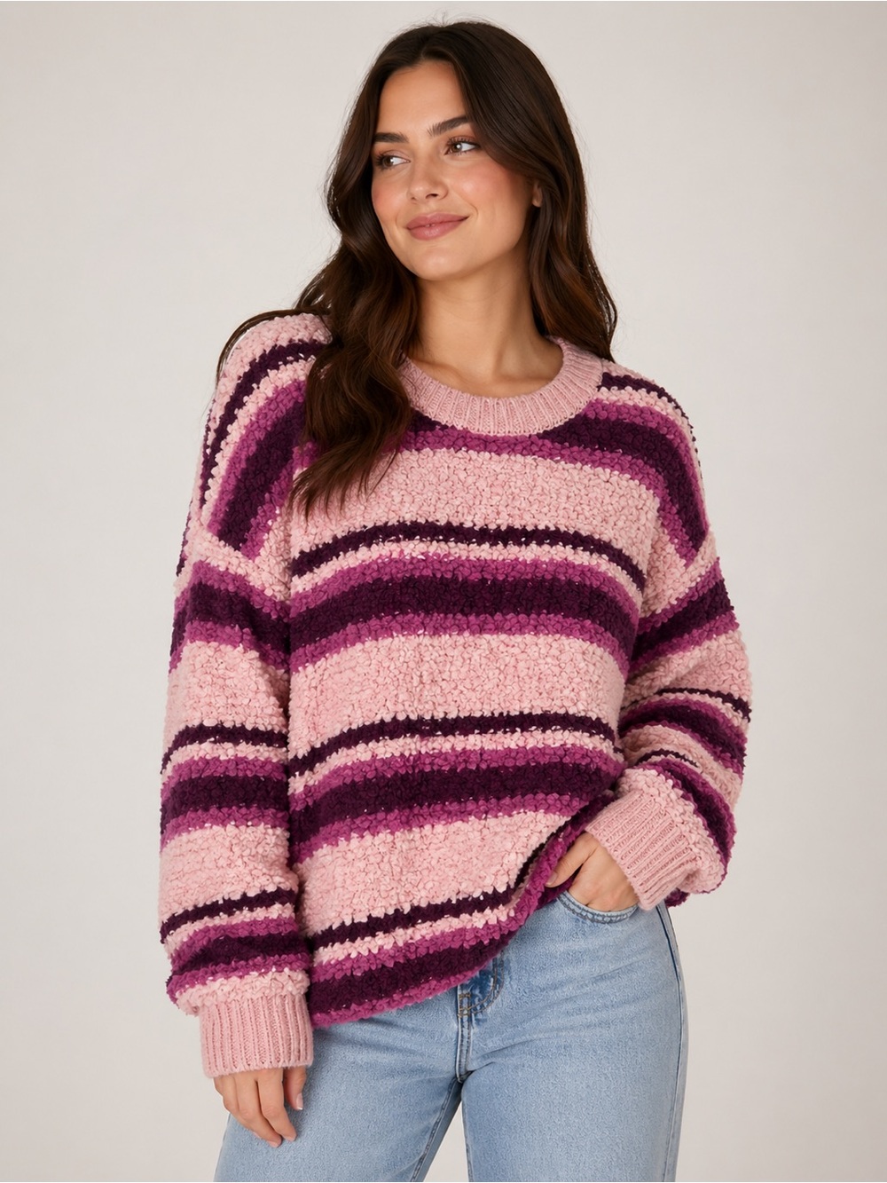 NWT Torrid 0 Striped Fuzzy Sweater Pink Purple Cozy Plus Size 12W